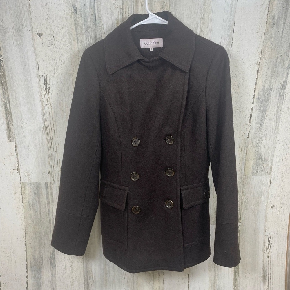 Calvin Klein Peacoat size 8 Dark Brown Double Breasted Wool Blend Classic NWOT